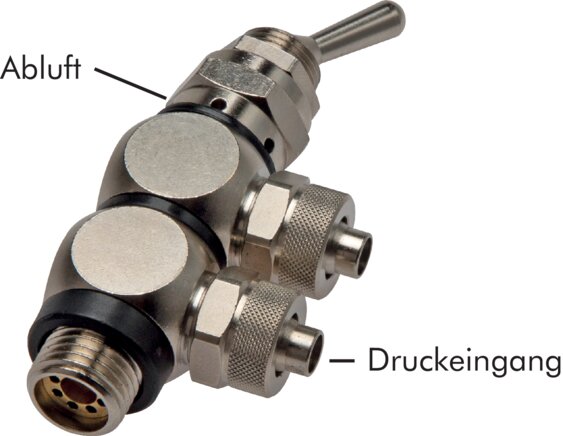 Exemplarische Darstellung: 4/2-Wege Kipphebelventil mit Schlauchverschraubung